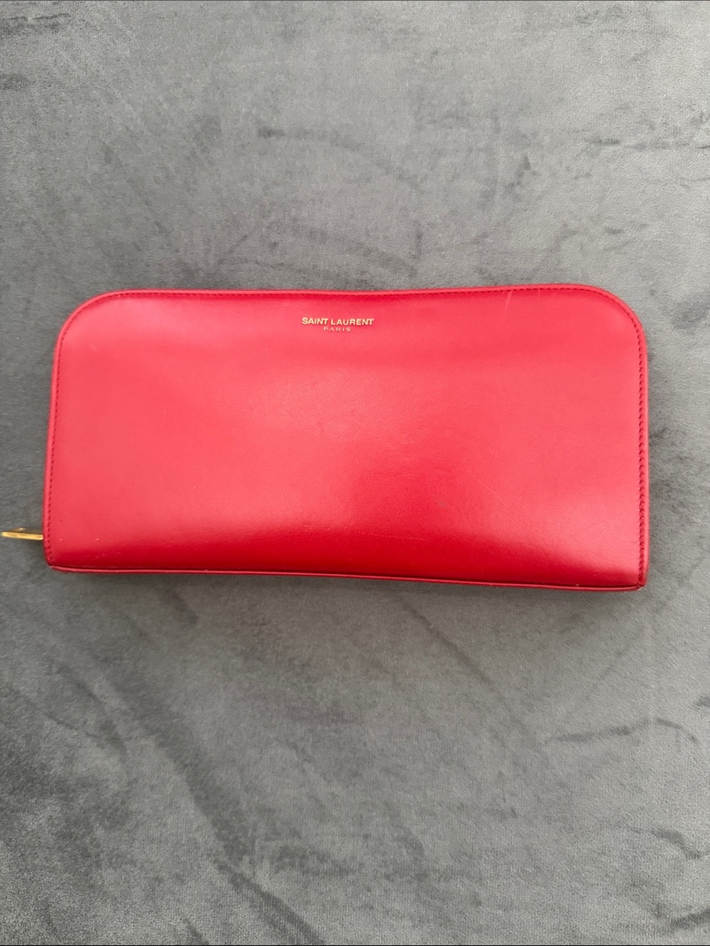 Saint Laurent Paris Red Leather Zip Around Long Wallet Gold Logo Authentic YSL